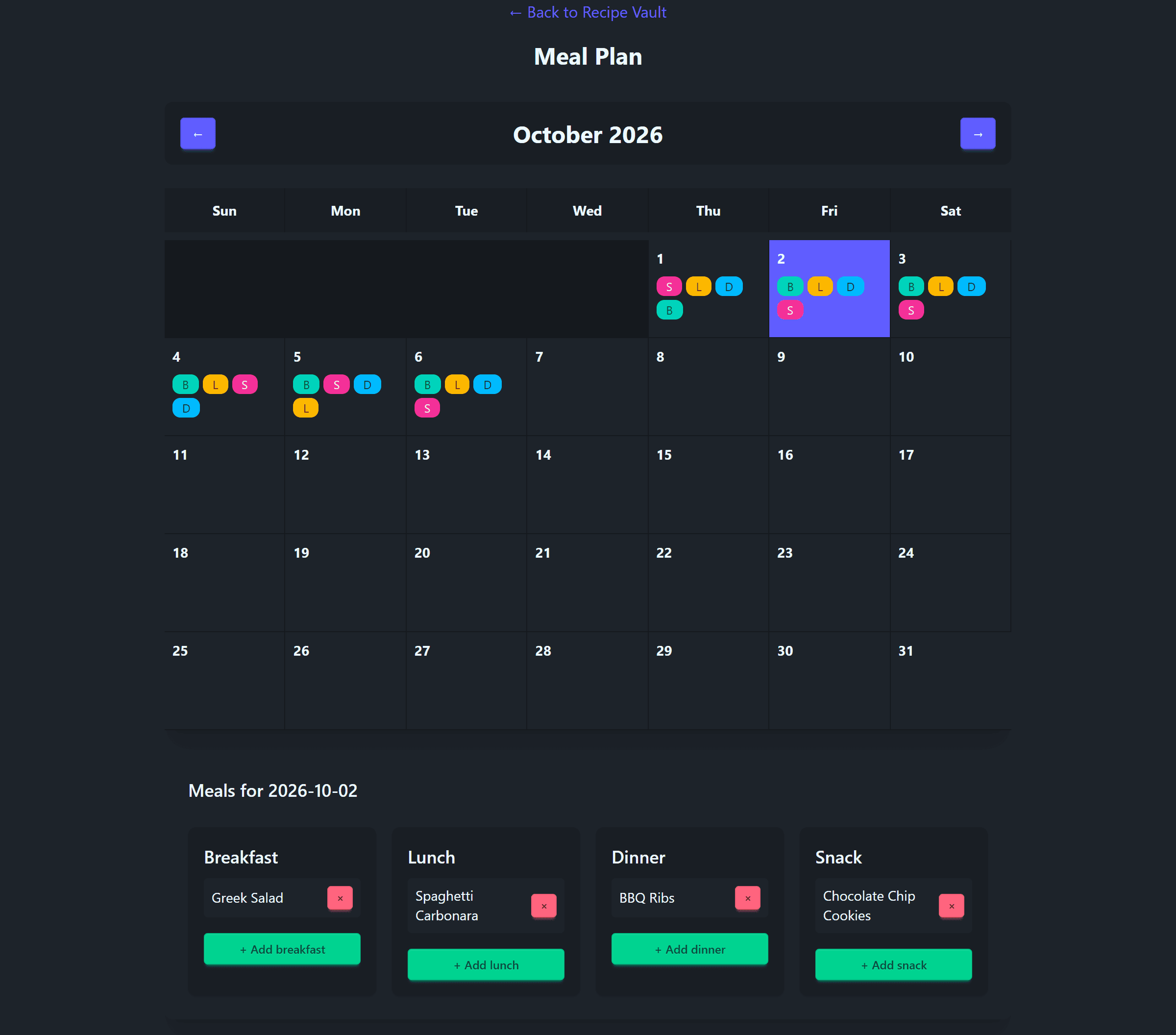 Desktop Recipe Vault meal planner, with a monthly calendar and meals assigned to days.