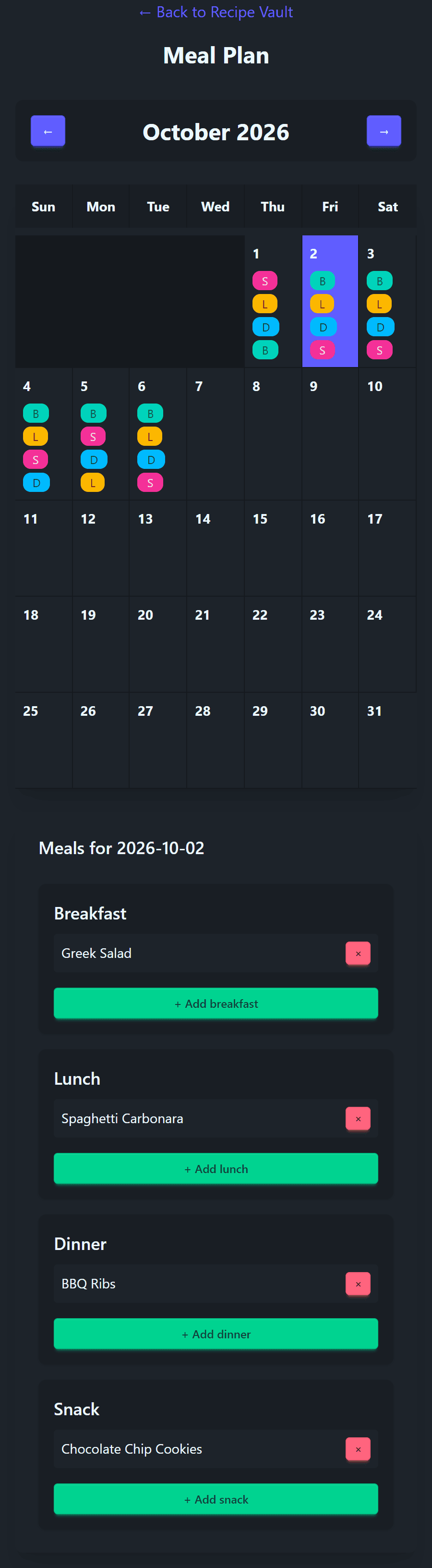 Mobile Recipe Vault day view showing breakfast, lunch, dinner, and snacks.