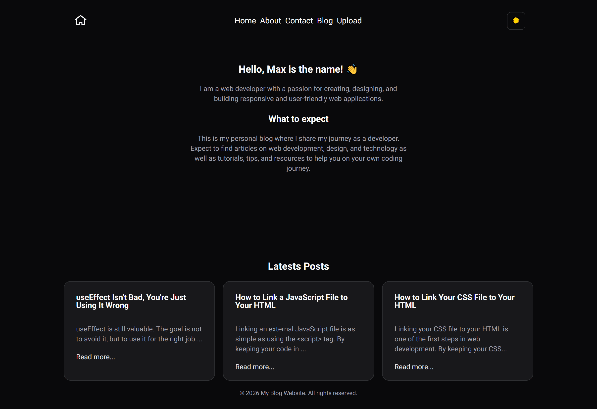 Desktop homepage of the Max Coding blog, with latest posts in a three-column grid.